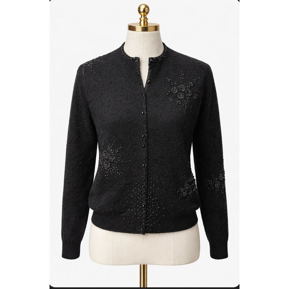 Vintage Vic & Vic Haute Couture Black Beaded Cardigan Sweater Hand Embellished M